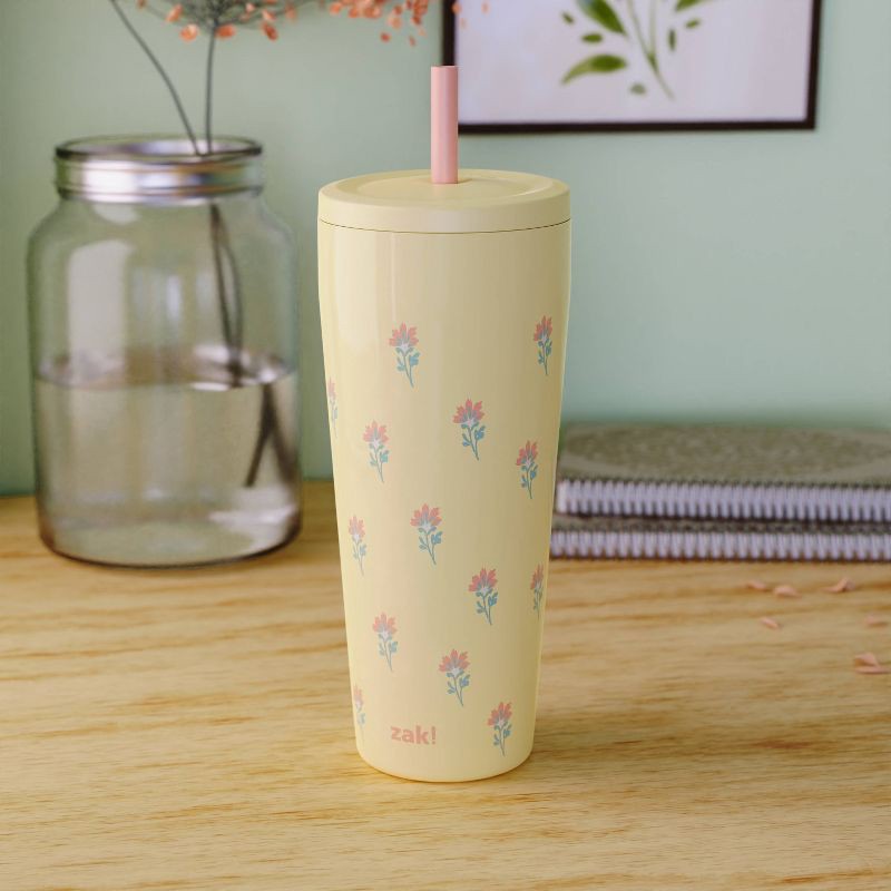 slide 5 of 5, Zak Designs 30oz Vanilla Floret Stainless Steel Double Wall Vacuum Serenity Straw Tumbler Yellow, 30 oz