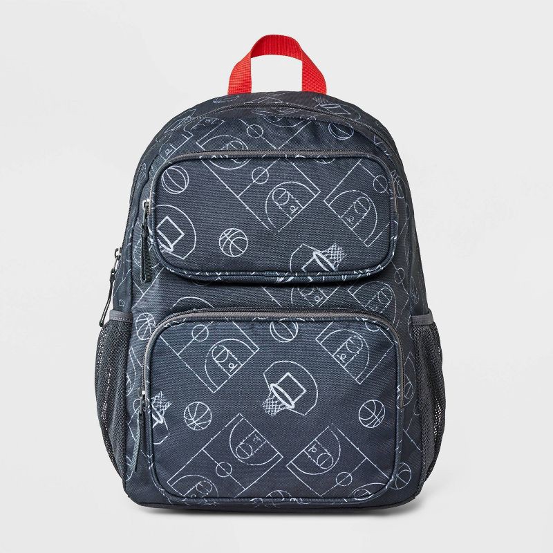 slide 1 of 4, Boys' 16" Two Pocket Basketball Printed Backpack - Cat & Jack™ Charcoal Gray, 1 ct