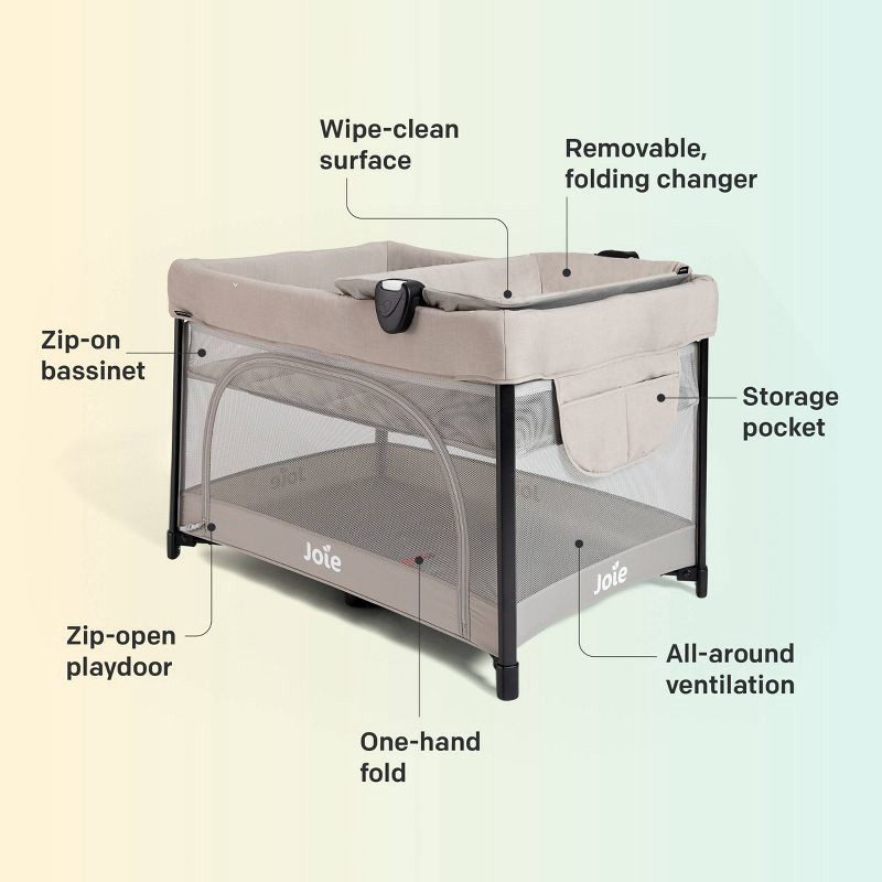 slide 7 of 12, Joie Sesame LX One-Hand Fold Playard with Bassinet & Folding Changer - Dove, 1 ct