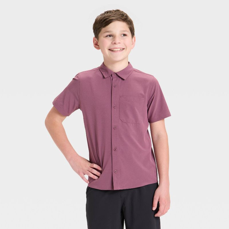 slide 1 of 3, Boys' Short Sleeve Adventure Shirt - All In Motion™ Heather Burgundy L, 1 ct