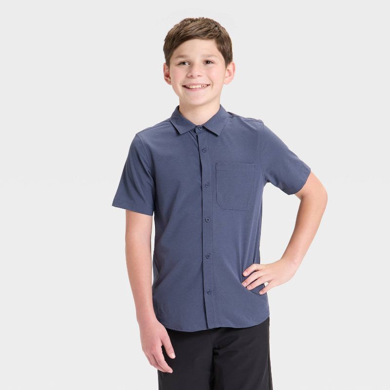 slide 1 of 3, Boys' Short Sleeve Adventure Shirt - All In Motion™ Heather Navy Blue XL, 1 ct