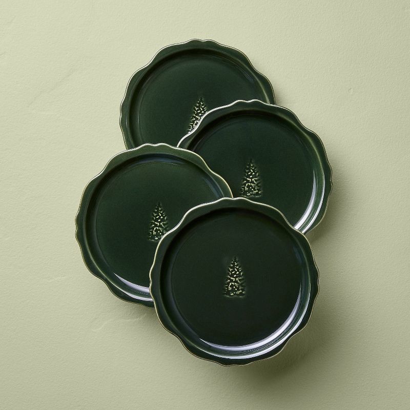 slide 1 of 4, Hearth & Hand with Magnolia Set of 4 7" Stoneware Carved Ribbed Edge Appetizer Plate Tree Icon Green - Hearth & Hand™ with Magnolia, 1 ct