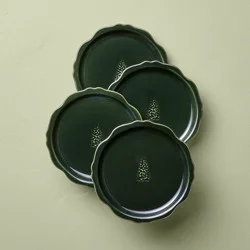 Hearth & Hand with Magnolia Set of 4 7" Stoneware Carved Ribbed Edge Appetizer Plate Tree Icon Green - Hearth & Hand™ with Magnolia