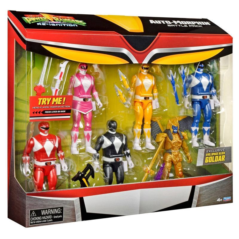 slide 2 of 10, Mighty Morphin Power Rangers Re-Ignition Auto-Morphin 6pk Battle Set with Red, Blue, Pink, Yellow, Black Rangers + Exclusive Goldar, 6 ct