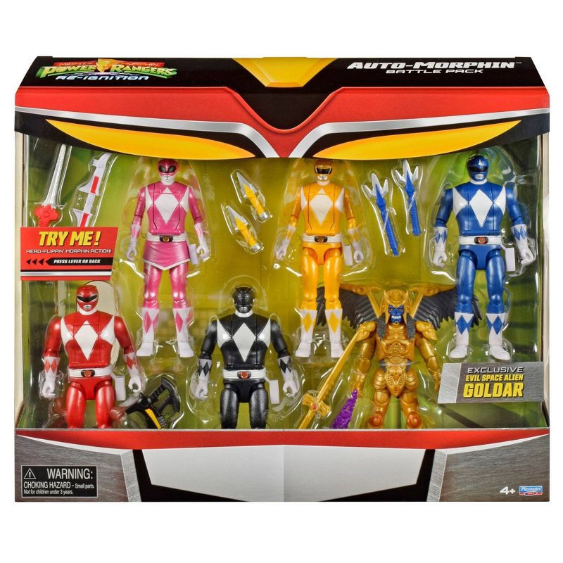 slide 9 of 10, Mighty Morphin Power Rangers Re-Ignition Auto-Morphin 6pk Battle Set with Red, Blue, Pink, Yellow, Black Rangers + Exclusive Goldar, 6 ct