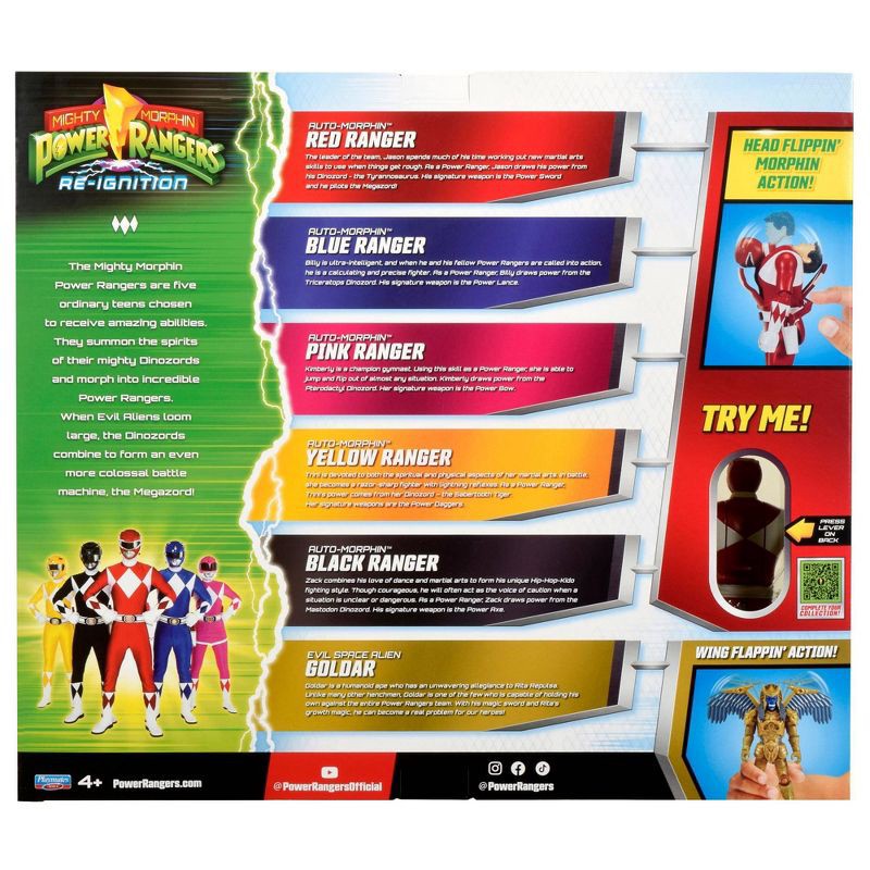 slide 10 of 10, Mighty Morphin Power Rangers Re-Ignition Auto-Morphin 6pk Battle Set with Red, Blue, Pink, Yellow, Black Rangers + Exclusive Goldar, 6 ct