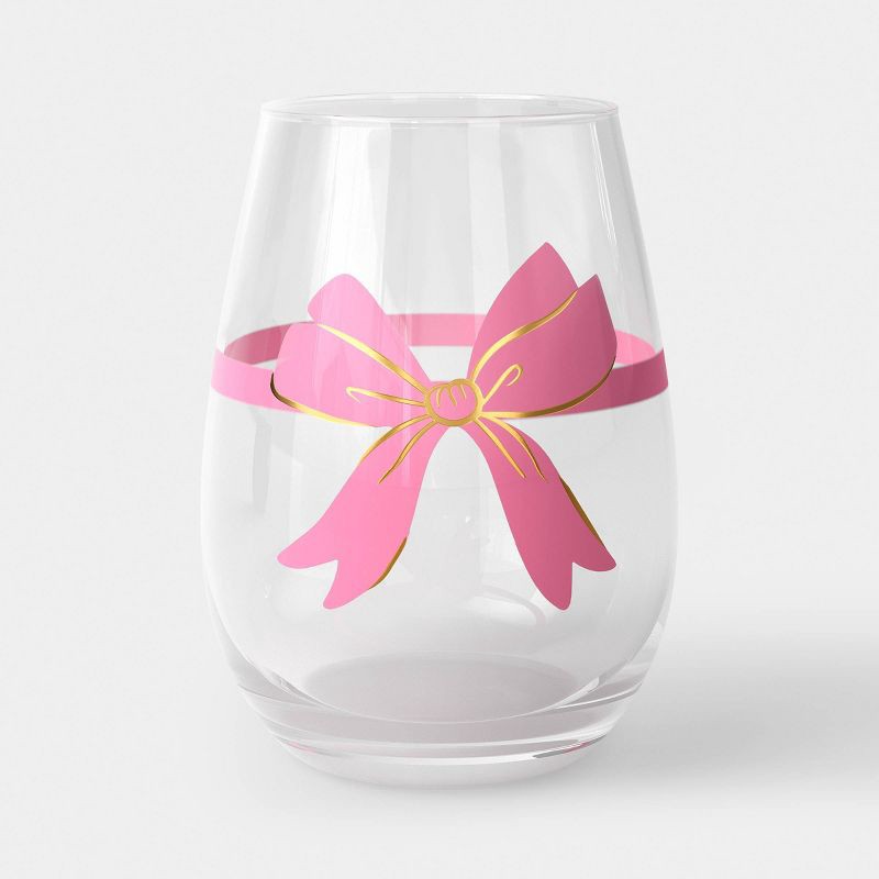 slide 1 of 2, 20oz Stemless Wine Pink Bow with Gold Accents Clear, 20 oz