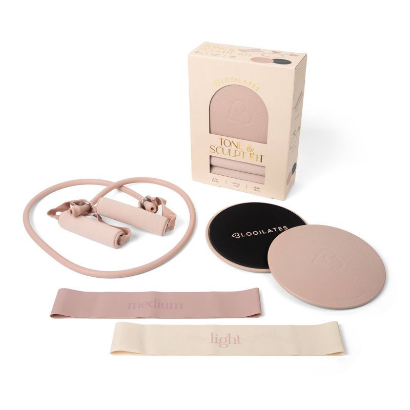 slide 1 of 4, Blogilates Tone and Sculpt Fitness Kit Slider Discs Toning Tube and Resistance Band - Light/Medium, 1 ct