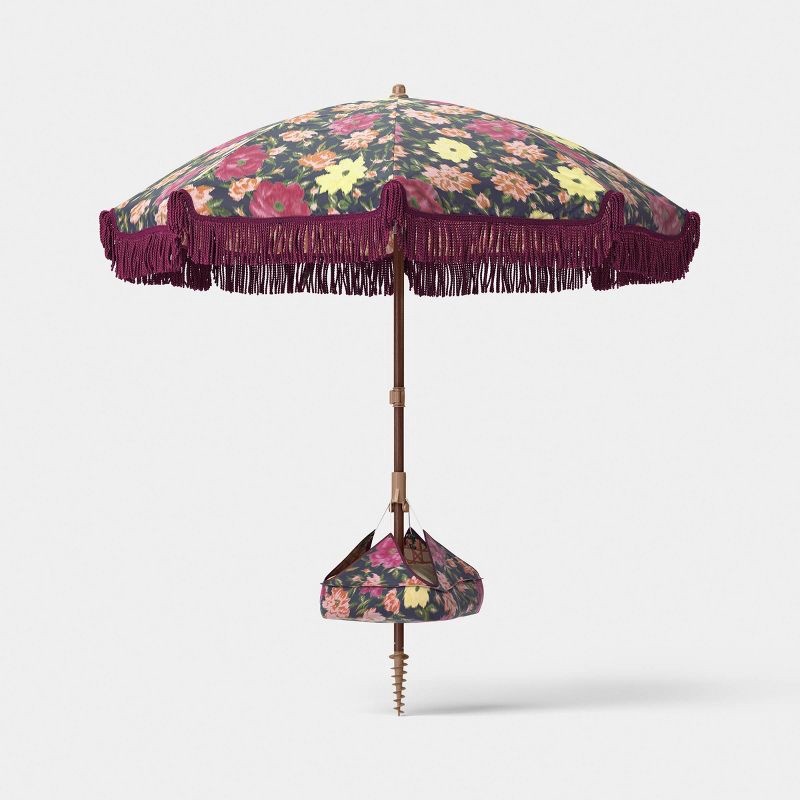 slide 1 of 7, 6' Round Outdoor Patio Floral Beach Umbrella with Fringe Burgundy - Threshold™, 1 ct