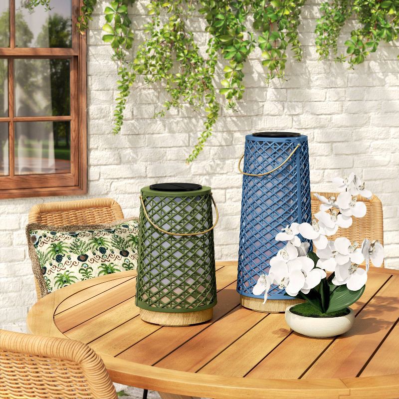 slide 2 of 5, Rattan Battery/Solar LED Outdoor Medium Lantern Heathered Green - Threshold™, 1 ct