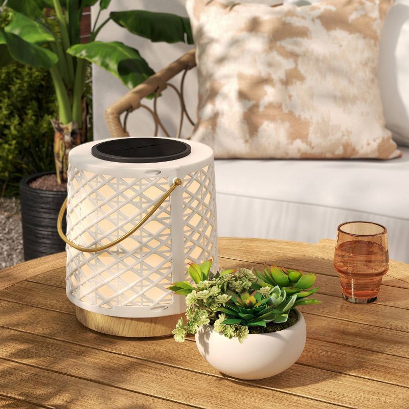 slide 2 of 5, Rattan Battery/Solar LED Outdoor Small Lantern Heathered White - Threshold™, 1 ct