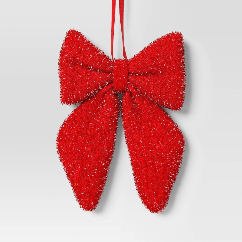 slide 1 of 3, 6.5" Christmas Tinsel Bow Ornament Red - Wondershop™, 1 ct