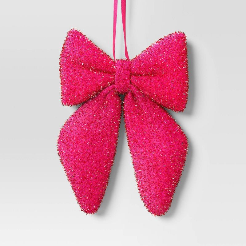 slide 1 of 3, 6.5" Christmas Tinsel Bow Ornament Hot Pink - Wondershop™, 1 ct