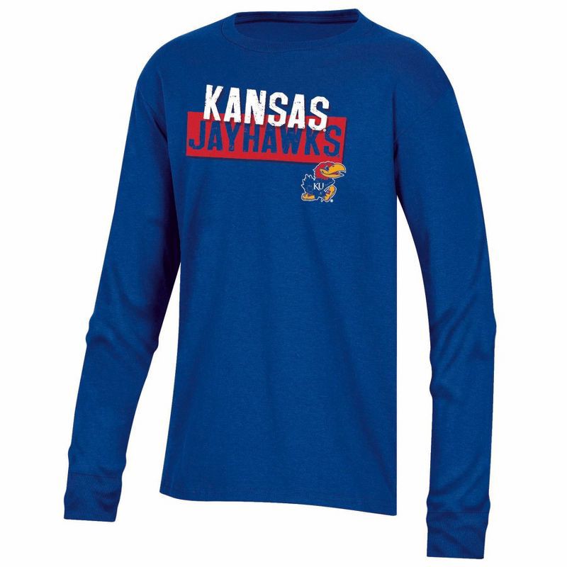 slide 1 of 3, NCAA Kansas Jayhawks Boys' Long Sleeve T-Shirt - M: Cotton-Polyester Jersey Pullover, 1 ct