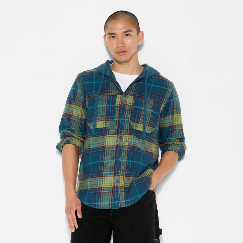 slide 2 of 3, Men's Checked Print Long Sleeve Hooded Flannel Shirt - Original Use™ Dark Blue S, 1 ct