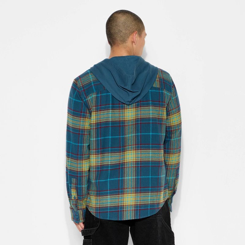 slide 3 of 3, Men's Checked Print Long Sleeve Hooded Flannel Shirt - Original Use™ Dark Blue S, 1 ct