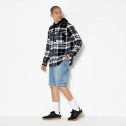 Men's Checked Print Long Sleeve Hooded Flannel Shirt - Original Use™ Black L