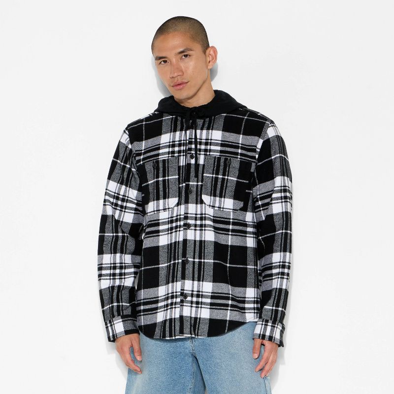 slide 2 of 3, Men's Checked Print Long Sleeve Hooded Flannel Shirt - Original Use™ Black XXL, 1 ct