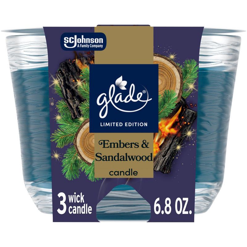 slide 1 of 13, Glade 3 Wick Holiday Scented Christmas Candle for Stocking Stuffers - Embers & Sandalwood - 6.8oz, 6.8 oz