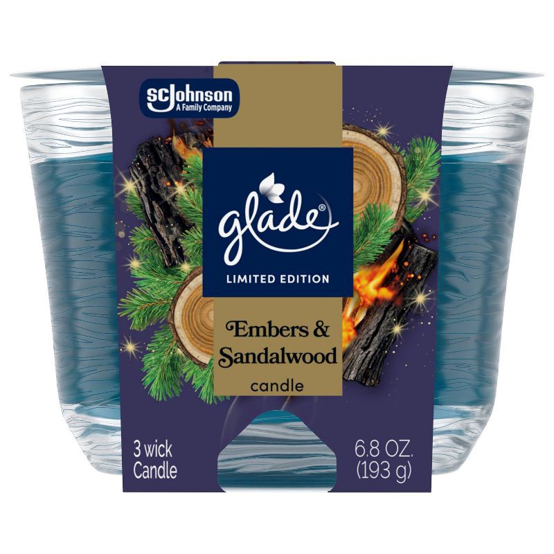 slide 4 of 13, Glade 3 Wick Holiday Scented Christmas Candle for Stocking Stuffers - Embers & Sandalwood - 6.8oz, 6.8 oz