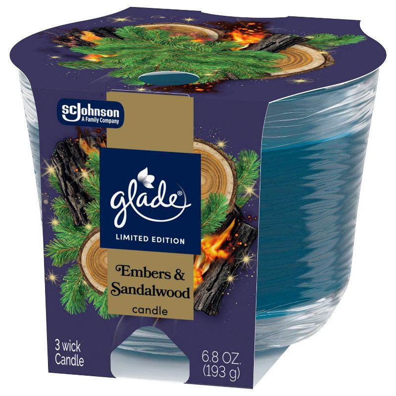 slide 10 of 13, Glade 3 Wick Holiday Scented Christmas Candle for Stocking Stuffers - Embers & Sandalwood - 6.8oz, 6.8 oz