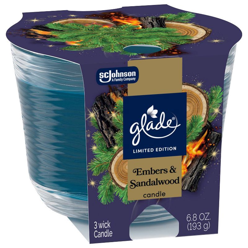 slide 11 of 13, Glade 3 Wick Holiday Scented Christmas Candle for Stocking Stuffers - Embers & Sandalwood - 6.8oz, 6.8 oz