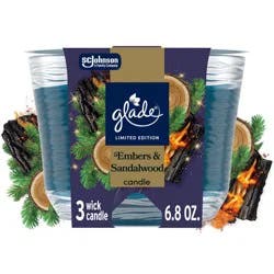 Glade 3 Wick Holiday Scented Christmas Candle for Stocking Stuffers - Embers & Sandalwood - 6.8oz