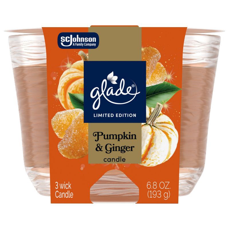 slide 4 of 14, Glade 3 Wick Fall Candle in Glass Jar - Pumpkin & Ginger - 6.8oz, 6.8 oz