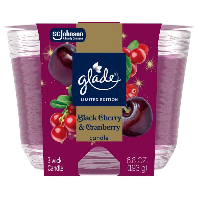 slide 4 of 13, Glade 3 Wick Holiday Scented Christmas Candle for Stocking Stuffers - Black Cherry & Cranberry - 6.8oz​, 6.8 oz