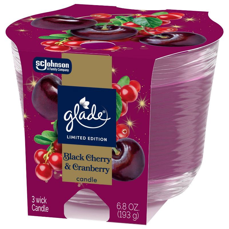 slide 10 of 13, Glade 3 Wick Holiday Scented Christmas Candle for Stocking Stuffers - Black Cherry & Cranberry - 6.8oz​, 6.8 oz