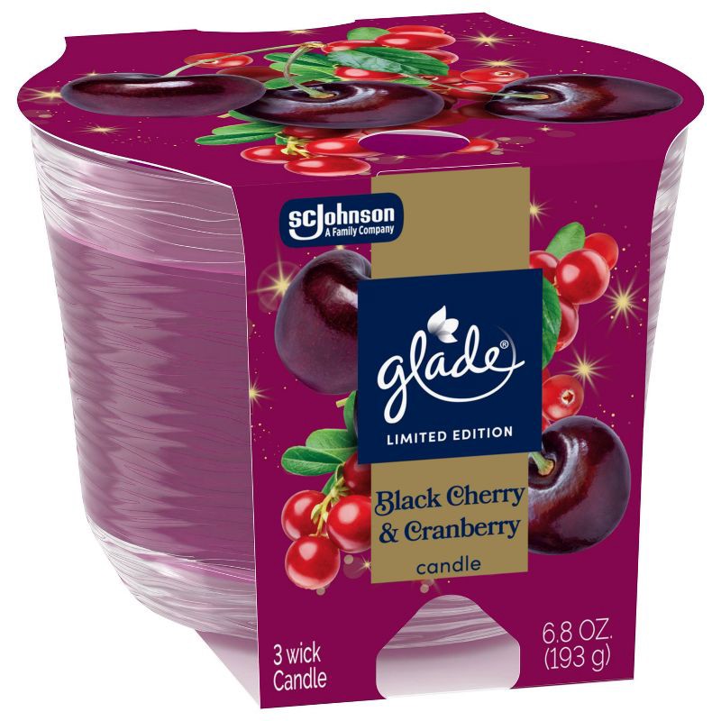 slide 11 of 13, Glade 3 Wick Holiday Scented Christmas Candle for Stocking Stuffers - Black Cherry & Cranberry - 6.8oz​, 6.8 oz