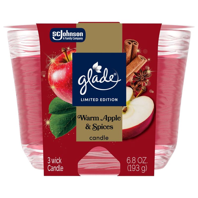 slide 4 of 13, Glade 3 Wick Holiday Scented Christmas Candle for Stocking Stuffers - Warm Apple & Spices - 6.8oz​, 6.8 oz