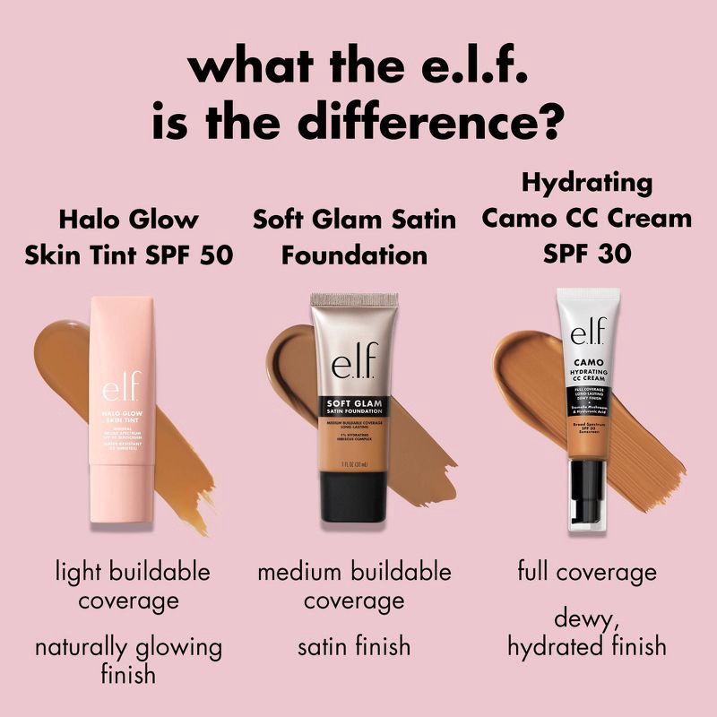 slide 11 of 13, e.l.f. Halo Glow Skin Tint Light Coverage Foundation - SPF 50 - 7 Medium Warm - 1 fl oz, 1 fl oz