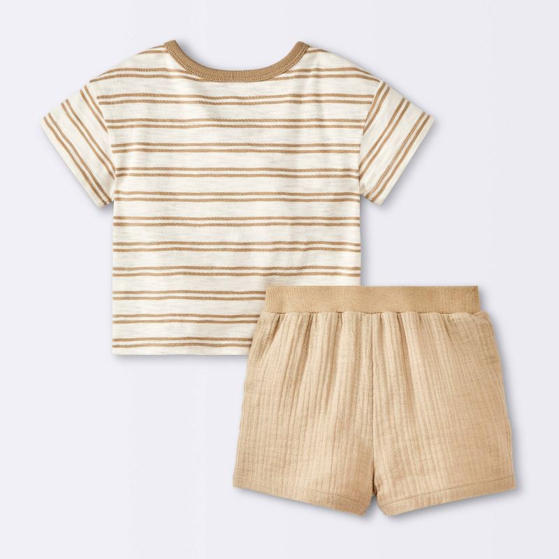 slide 3 of 4, Baby Boys' 2pc Striped Pocket T-Shirt and Shorts Set - Cloud Island™ Tan 18M, 2 ct