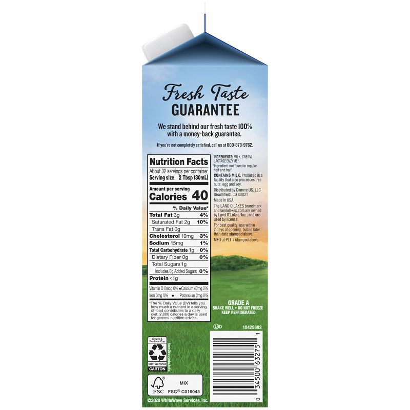 slide 6 of 8, Land O'Lakes Unflavored Lactose Free Half and Half - 32 fl oz, 32 fl oz