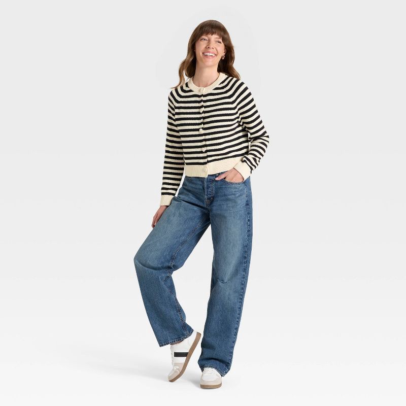 slide 2 of 3, Women's Button-Down Cardigan Sweater - Universal Thread™ Black Striped L, 1 ct