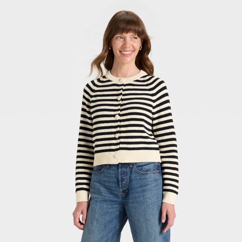 slide 1 of 3, Women's Button-Down Cardigan Sweater - Universal Thread™ Black Striped L, 1 ct