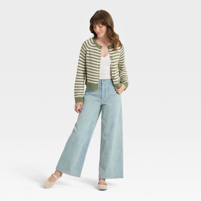 slide 2 of 3, Women's Button-Down Cardigan Sweater - Universal Thread™ Green Striped S, 1 ct