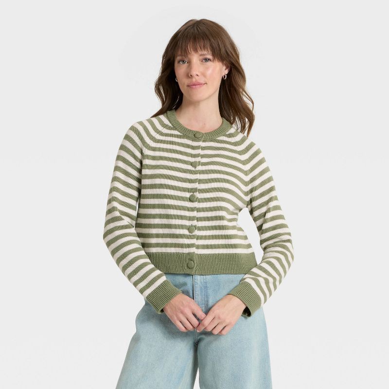 slide 1 of 3, Women's Button-Down Cardigan Sweater - Universal Thread™ Green Striped S, 1 ct