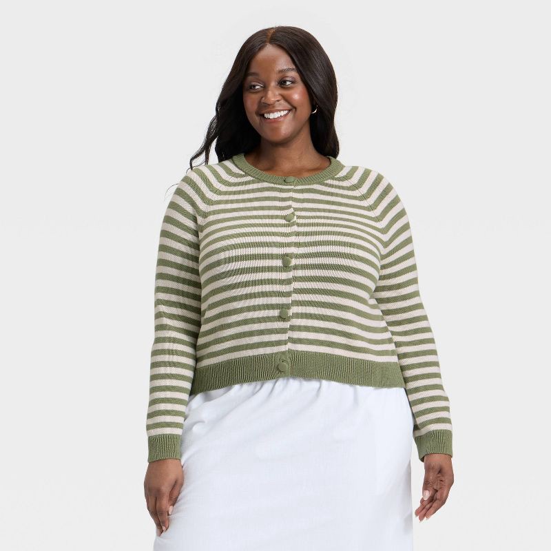 slide 1 of 3, Women's Button-Down Cardigan Sweater - Universal Thread™ Green Striped XXL, 1 ct