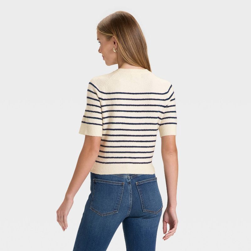 slide 3 of 3, Women's Short Sleeve Crewneck Pullover Sweater - Universal Thread™ Cream/Navy Striped XL, 1 ct