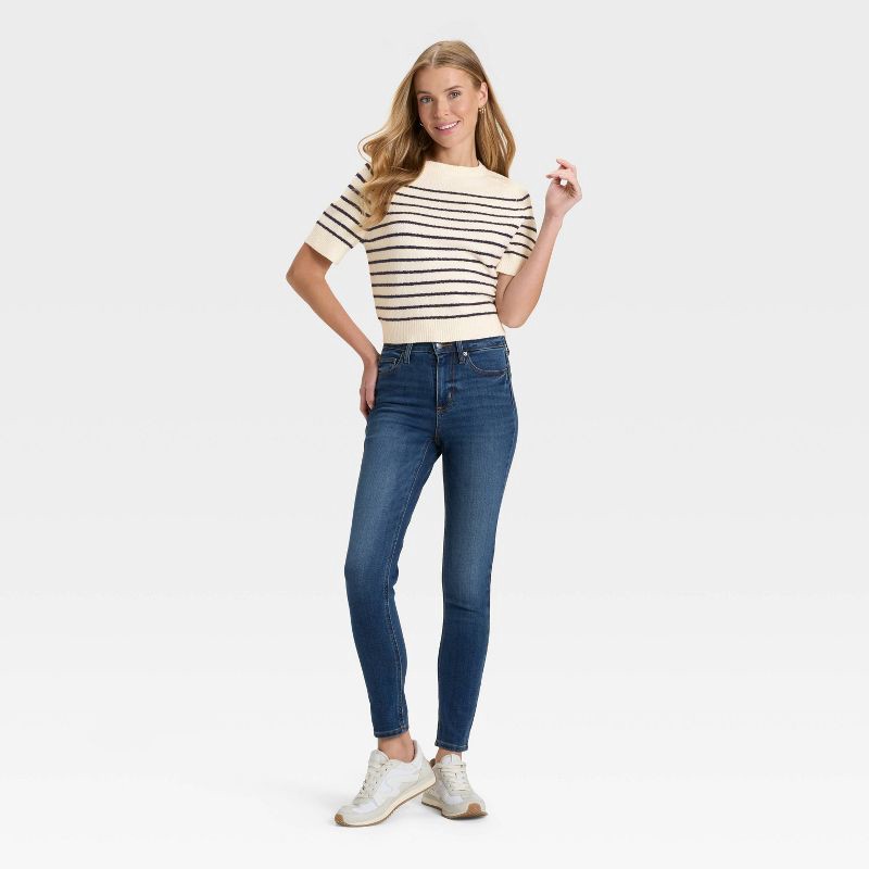 slide 2 of 3, Women's Short Sleeve Crewneck Pullover Sweater - Universal Thread™ Cream/Navy Striped XL, 1 ct