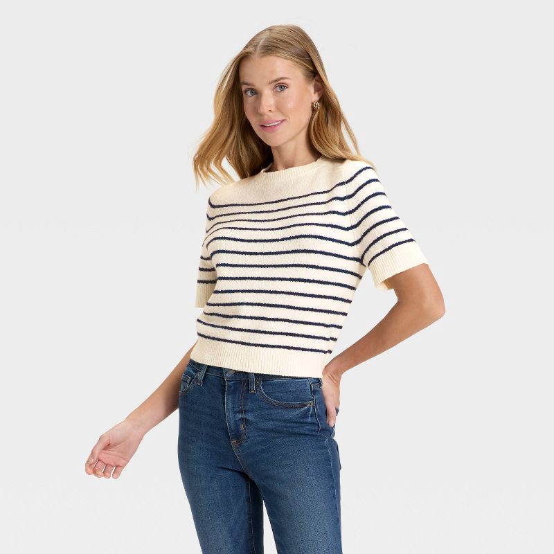 slide 1 of 3, Women's Short Sleeve Crewneck Pullover Sweater - Universal Thread™ Cream/Navy Striped XL, 1 ct