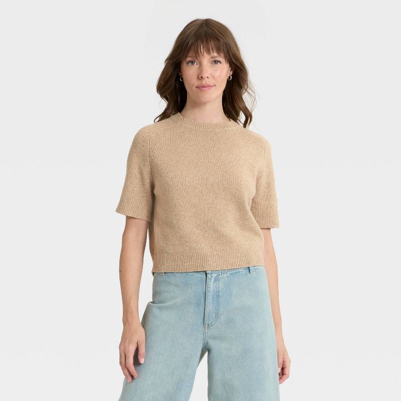slide 1 of 3, Women's Short Sleeve Crewneck Pullover Sweater - Universal Thread™ Tan L, 1 ct