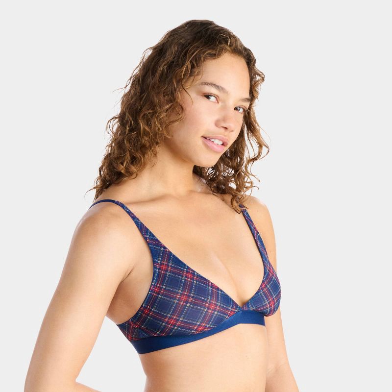 slide 3 of 13, Parade Silky Mesh Plunge Bralette & Ruched Thong Set - Blue Plaid XL, 1 ct