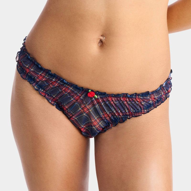 slide 4 of 13, Parade Silky Mesh Plunge Bralette & Ruched Thong Set - Blue Plaid XL, 1 ct