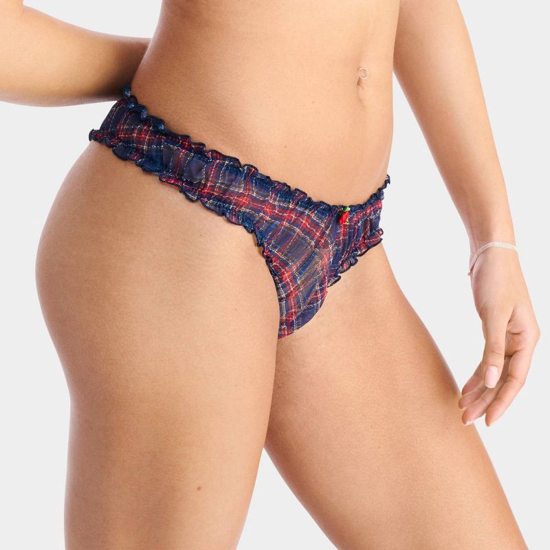 slide 5 of 13, Parade Silky Mesh Plunge Bralette & Ruched Thong Set - Blue Plaid XL, 1 ct