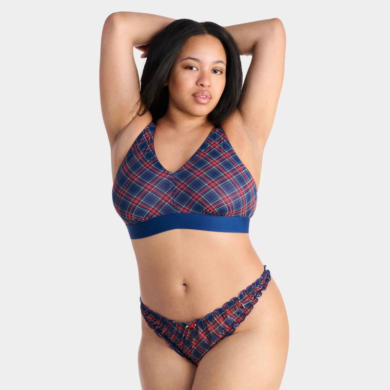slide 8 of 13, Parade Silky Mesh Plunge Bralette & Ruched Thong Set - Blue Plaid XL, 1 ct