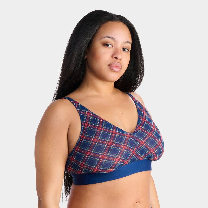 slide 10 of 13, Parade Silky Mesh Plunge Bralette & Ruched Thong Set - Blue Plaid XL, 1 ct