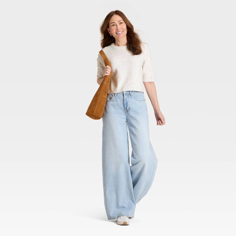 slide 2 of 3, Women's Elbow Sleeve Cozy Knit Crewneck Pullover Sweater - Universal Thread™ Light Gray XL, 1 ct